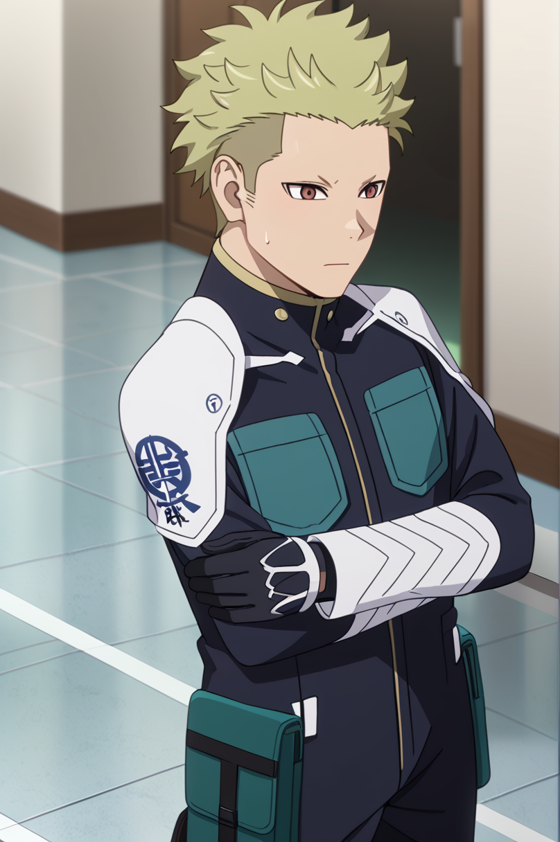 <lora:Aoi_Kaguragi:1> aoi_kaguragi, 1boy, black gloves, blonde hair, brown eyes, green hair,, male focus, solo, standing, suit, sweatdrop, uniform