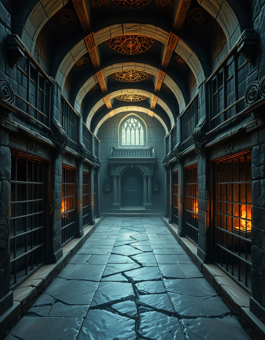 Deep within the necromancerâs fortress lies the Cell Block of the Damned, an endless crypt of imprisonment where no living beings resideâonly echoes of suffering and the restless remains of those long forgotten. The architecture is grotesque and unnatural, a fusion of blackened stone, rusted iron, and calcified bone, as if the walls themselves were formed from the fused remains of the dead. The air is cold, stale, and thick with an unnatural mist that coils like spectral fingers along the cracked floor.
Endless rows of iron-barred cells line the cavernous chamber, their interiors cloaked in unnatural darkness. Some cells contain skeletal figures, shackled in rusted chains, their hollow eye sockets glowing faintly with eerie green or crimson light. Others house shadowy wraiths, their indistinct forms flickering like dying embers, bound by ancient runes etched into the very fabric of the stone. A few cells appear completely empty, yet whispers emanate from withinâechoes of prisoners that no longer exist, but whose agony remains imprinted upon reality itself.
The walls pulse faintly, veins of necrotic energy coursing through their surface, feeding upon the despair and suffering trapped within. Chains dangle from the ceiling, some still swinging slightly as if disturbed by unseen forces. Along the floor, pools of black ichor seep from cracks in the stone, shifting unnaturally as if alive, swallowing anything that lingers too long.
At the heart of the chamber stands a monolithic iron cage, its bars twisted and gnarled, as though shaped by something with no regard for natural law. Inside, a shifting mass of bone, spectral energy, and dark mist writhes in eternal torment, its presence a gravitational wound in reality itself. The cage hums with an ominous resonance, its locks sealed with infernal sigils that glow with unholy fire, ensuring that whatever lurks within remains containedâfor now.
Above, an ancient stone archway looms, inscribed with ever-changing runes that bleed a slow, black liquid. Beyond it, the corridor stretches endlessly, shrouded in a choking fog where shapes move in the distance, watching, waiting. No footsteps ever echo in this place. No voices call out. Only the whispers of the forgotten, the endless creaking of rusted metal, and the sensation that somethingâsomething old, something hungryâis always watching.
This is not a prison.
It is a tomb for souls, a place where the dead are left to fester, to wither, and to become something else.
Style & Mood :
- Dark fantasy, gothic horror, necromantic aesthetics
- Cinematic, highly detailed, eerie lighting
- Infernal atmosphere, filled with shadows, glowing runes, and spectral entities
- Inspired by the works of ZdzisÅaw BeksiÅski, H.R. Giger, and dark medieval occultism
 <lora:SDXLFaeTastic2400:0.4> <lora:extremely_detailed:0.4> extremely detailed,<lora:necromancer_c3ll_bl0ck:1>,necromancer c3ll bl0ck, Masterpiece,best quality,hi res,8k,hi res,8k,award winning,(sharp focus, intricate, highly detailed),