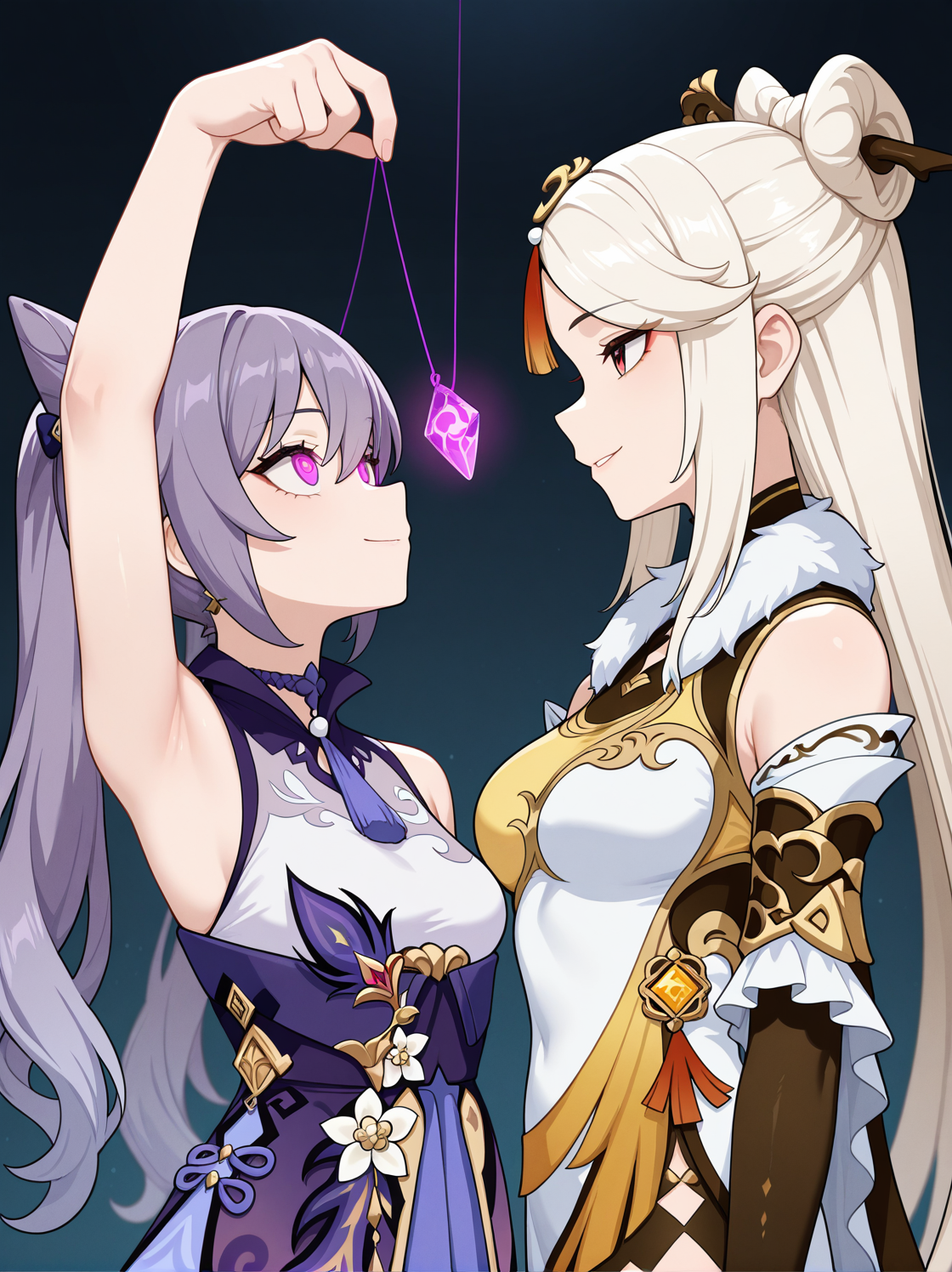masterpiece, best quality, amazing quality, very aesthetic, absurdres,  newest, , 2girls, standing, ningguang \(genshin impact\), keqing \(genshin impact\),  upper body, smile, small breasts, holding, mind control, gem, eye contact, 
 <lora:Crystal_on_string_v2_il:0.6:hr=0.3> crystal on string, arm up, standing from behind, looking up,