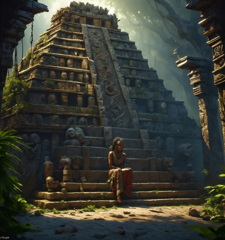 RAW photo, (masterpiece:1.3), subsurface scattering, heavy shadow, (high quality:1.4), (intricate, high detail:1.2), professional photography, HDR, High Dynamic Range, realistic, ultra realistic, photorealistic, high resolution, film photography, ambient lighting, atmospheric effects, <lora:detail_slider_v4:2>, OverallDetail, <lora:VoodooPriestess:0.8>, 1girl, barefoot, black hair, braid, colored skin, dark skin, dress, earrings, jewelry, long hair, necklace, solo, upper body, voopri, on top of a pyramid, evil altar, <lora:Aztec_Architecture:0.7>, aztar, building, scenery, tree