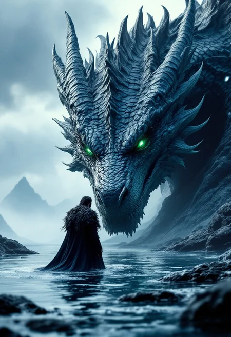 jon snow is standing in the water next to a gigantic DRAGON with green eyes, in the style of fantasy scenes, game of thrones style, realistic detail, theo prins, magewave, ferrania p30, 8k sharp focus,, highly detailed, Award einging, masterpiece