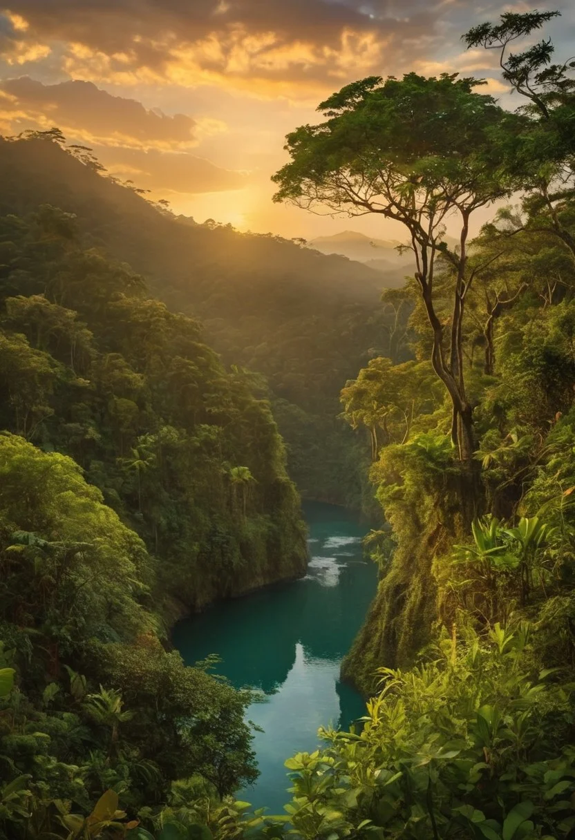 A stunning vista of a lush, untouched tropical rainforest, bathed in the warm, golden light of the setting sun. The sky above is a vivid mix of crimson, orange, and yellow hues, with a few wispy clouds dotting the horizon. In the foreground, a towering tree, adorned with vibrant green leaves and a canopy of delicate, intricate branches, stands tall, its trunk disappearing into the dense undergrowth. A small stream, glistening with reflected light, meanders through the frame, its crystal-clear water cascading over smooth rocks and creating a soothing soundtrack for the scene. Directly behind the tree, the forest gives way to a picturesque river, its glassy surface reflecting the vibrant colors of the sky and the surrounding vegetation. In the distance, a hazy mountain range rises up from the horizon, its peaks shrouded in wispy clouds, their jagged outlines contrasting beautifully with the serene, idyllic landscape before them. This award-winning nature photograph perfectly captures the breathtaking beauty and fragile balance of life in a tropical rainforest ecosystem.