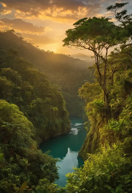 A stunning vista of a lush, untouched tropical rainforest, bathed in the warm, golden light of the setting sun. The sky above is a vivid mix of crimson, orange, and yellow hues, with a few wispy clouds dotting the horizon. In the foreground, a towering tree, adorned with vibrant green leaves and a canopy of delicate, intricate branches, stands tall, its trunk disappearing into the dense undergrowth. A small stream, glistening with reflected light, meanders through the frame, its crystal-clear water cascading over smooth rocks and creating a soothing soundtrack for the scene. Directly behind the tree, the forest gives way to a picturesque river, its glassy surface reflecting the vibrant colors of the sky and the surrounding vegetation. In the distance, a hazy mountain range rises up from the horizon, its peaks shrouded in wispy clouds, their jagged outlines contrasting beautifully with the serene, idyllic landscape before them. This award-winning nature photograph perfectly captures the breathtaking beauty and fragile balance of life in a tropical rainforest ecosystem.