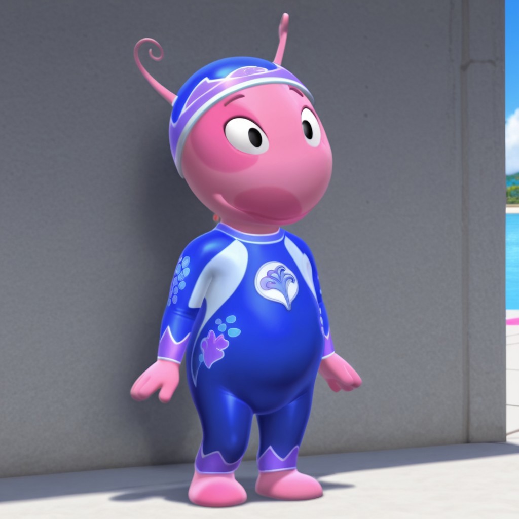 masterpiece, best quality, amazing quality, UniquaBil, anthro, female, pink skin, black eyes, antennae, blue wetsuit, blue cap, full body  solo, 1girl, outside,