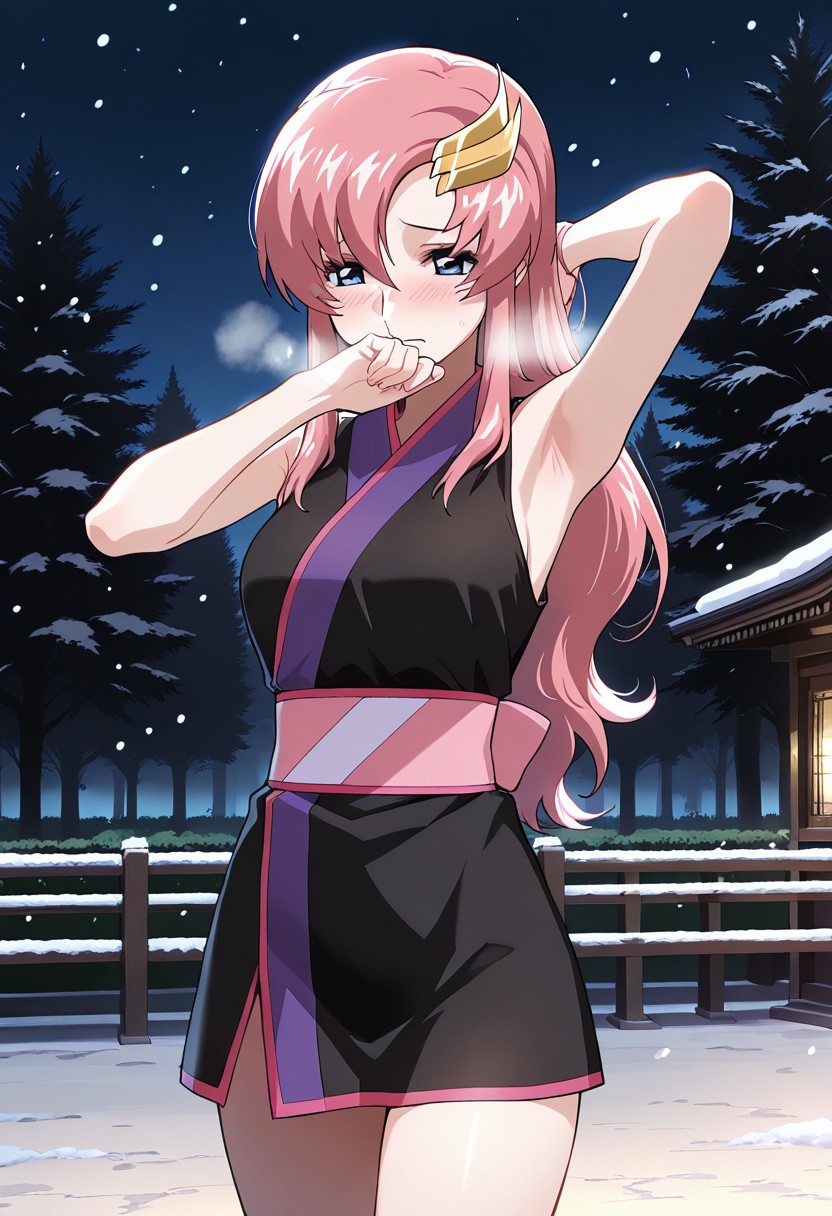 masterpiece, best quality, 1girl, cute, Lacus Clyne, wearing kimono, short kimono, bare shoulders, bare arms, shy, 
showing off armpits, heavy breathing, outdoors, in a park, snowing, at night,