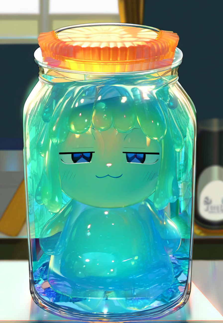 score_9_up, score_8_up, score_7_up, source_anime, <lora:DASV2:1>, blue slime girl, short slime hair, substance, (slime body, transparent body, tiny body, size difference, solo),slime clothes, slimy, in glass jar, trapped in jar, smug, looking at viewer, indoors, best quality, high quality