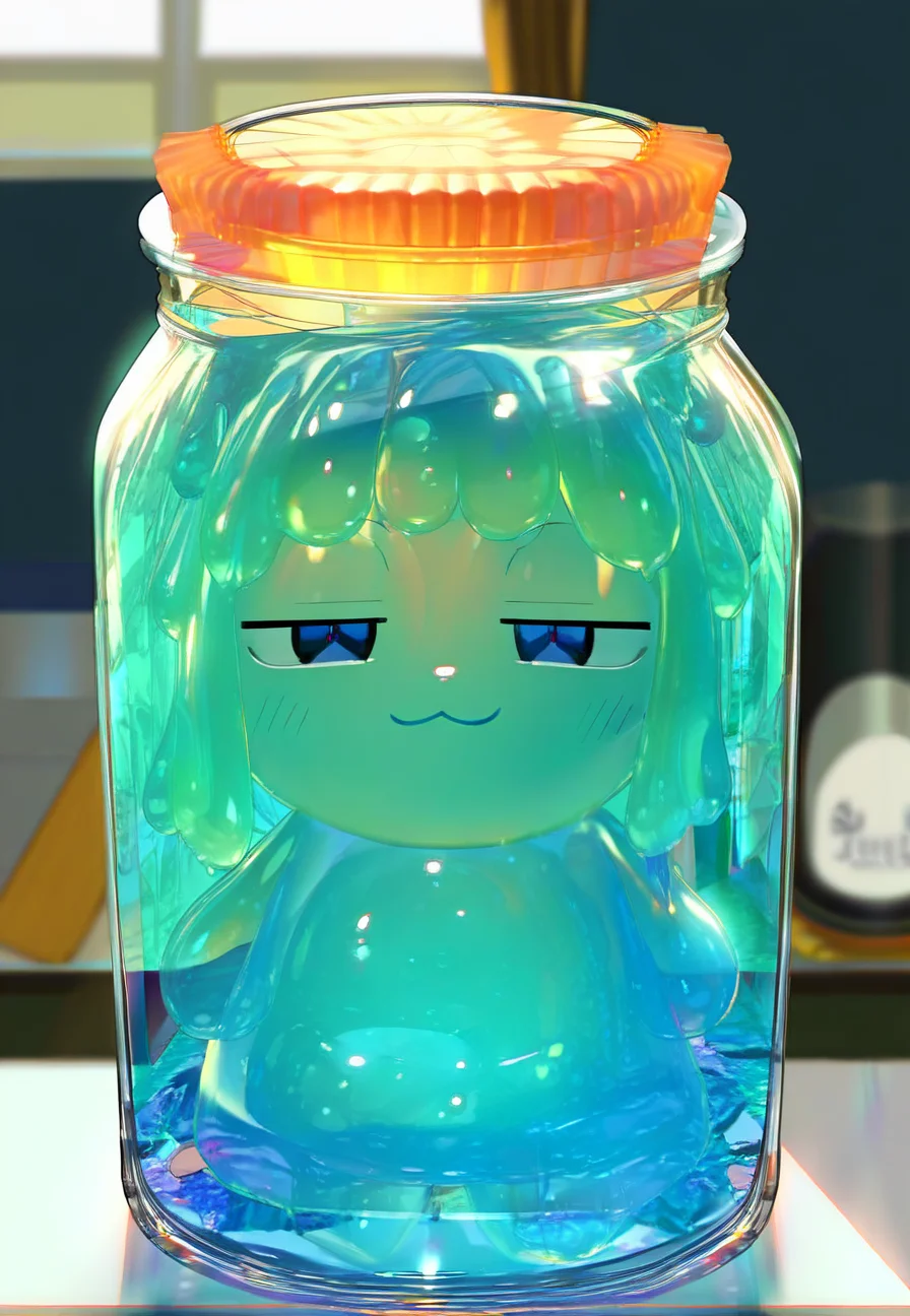 score_9_up, score_8_up, score_7_up, source_anime, <lora:DASV2:1>, blue slime girl, short slime hair, substance, (slime body, transparent body, tiny body, size difference, solo),slime clothes, slimy, in glass jar, trapped in jar, smug, looking at viewer, indoors, best quality, high quality