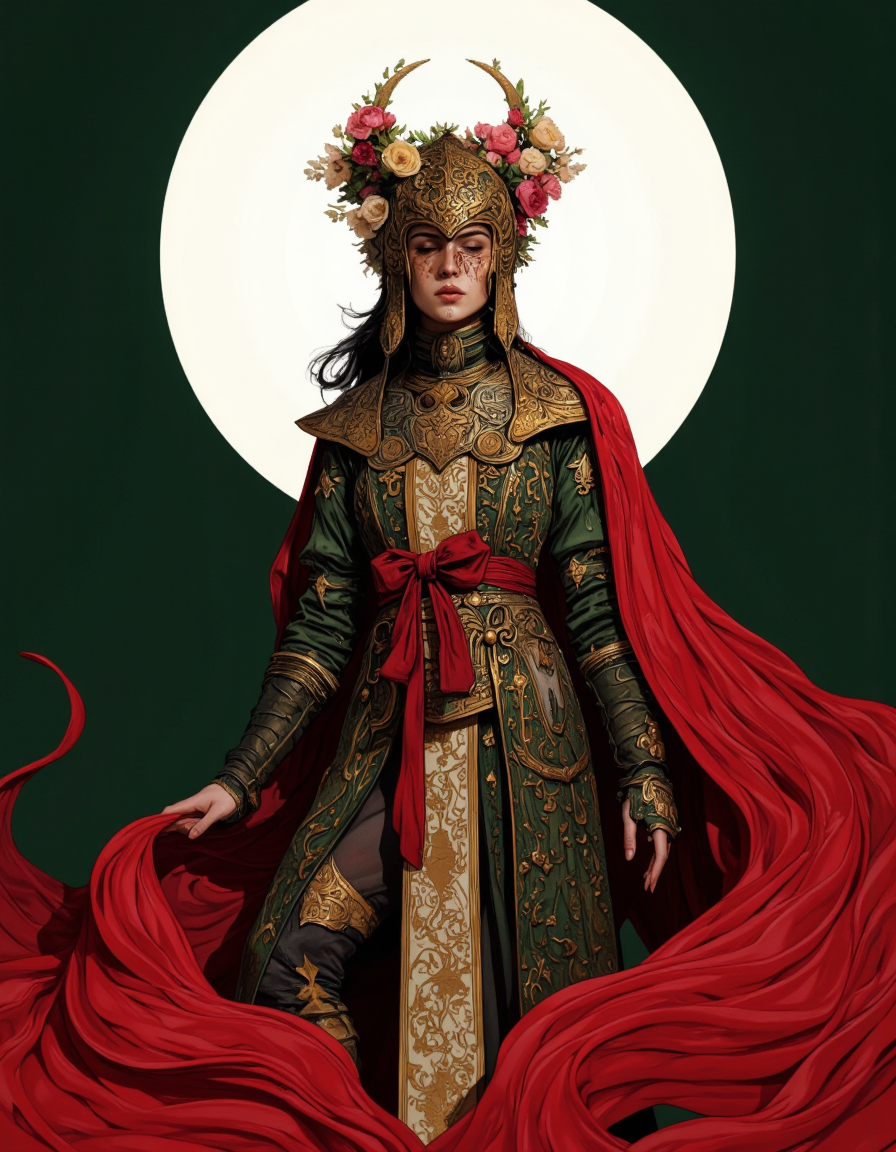 By Phandigrams. A digital illustration shoot from a low-angle perspective about a mysterious figure dressed in ornate armor with intricate patterns and a flowing cape, standing confidently against a dark green background with a large white circle in the background. the image also shows a woman in the middle of the image, who appears to be in her early twenties, with a full body distance to the camera. she is facing the viewer, with her eyes closed, and her expression is neutral. on her head, she wears a detailed, ornate helmet with a floral design, and a red shawl draped over her shoulders. the armor is intricately designed with gold and red patterns, and she is wearing a red belt around her waist. the overall color scheme is predominantly dark green with gold accents, creating a striking contrast with the woman's figure.