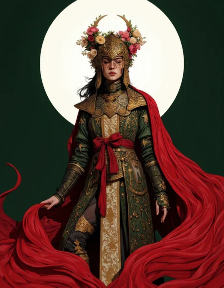 By Phandigrams. A digital illustration shoot from a low-angle perspective about a mysterious figure dressed in ornate armor with intricate patterns and a flowing cape, standing confidently against a dark green background with a large white circle in the background. the image also shows a woman in the middle of the image, who appears to be in her early twenties, with a full body distance to the camera. she is facing the viewer, with her eyes closed, and her expression is neutral. on her head, she wears a detailed, ornate helmet with a floral design, and a red shawl draped over her shoulders. the armor is intricately designed with gold and red patterns, and she is wearing a red belt around her waist. the overall color scheme is predominantly dark green with gold accents, creating a striking contrast with the woman's figure.