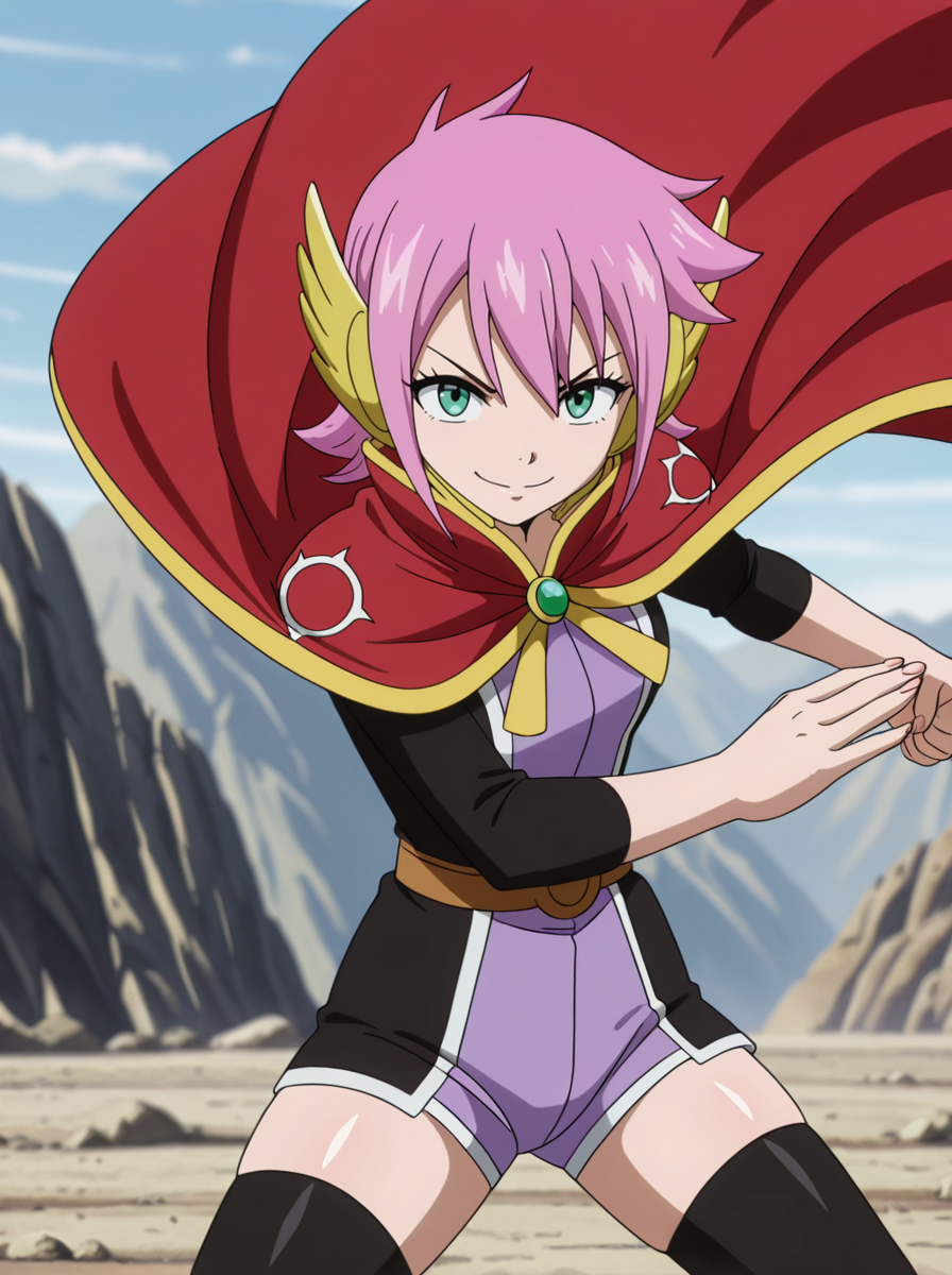 masterpiece, best quality, amazing quality, very aesthetic, absurdres, newest,shiny skin,  anime screenshot,  anime coloring   <lora:MeredyFT:1>1girl, pink hair, solo, meredyoutfit1 ,  thighhighs, short hair, looking at viewer, cape smile , standing,  fighting stance,