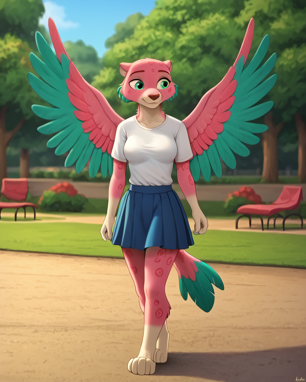 score_9, score_8_up, 1girl, masterpiece,  <lora:Celia_Elena_Of_Avalor:1> celiaofavalor, green eyes, pink fur, tail, standing, anthro, furry, medium breasts,tshirt, skirt, park, outdoors, female, green feathers, open wings