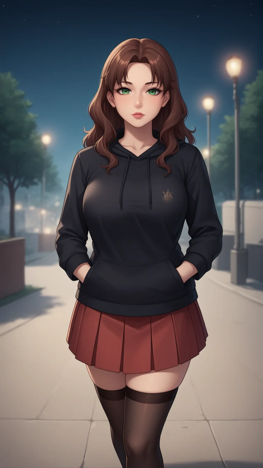 score_9, score_8_up, score_7_up, BREAK source_anime, best quality, masterpiece, ultra detailed,
<lora:Everlasting_Summer_Olga_by_GraffMetal V1:0.7>, olga, green eyes, brown hair, long hair, 1girl, solo, lips, mature, wavy hair
pink lips, black eyeliner cat eye, black nails, oversize black hoodie, red skirt, pleated skirt, black thighhighs, hands in pockets,
amazing background, looking at the camera, looking at the viewer, outdoors, night, city, black background