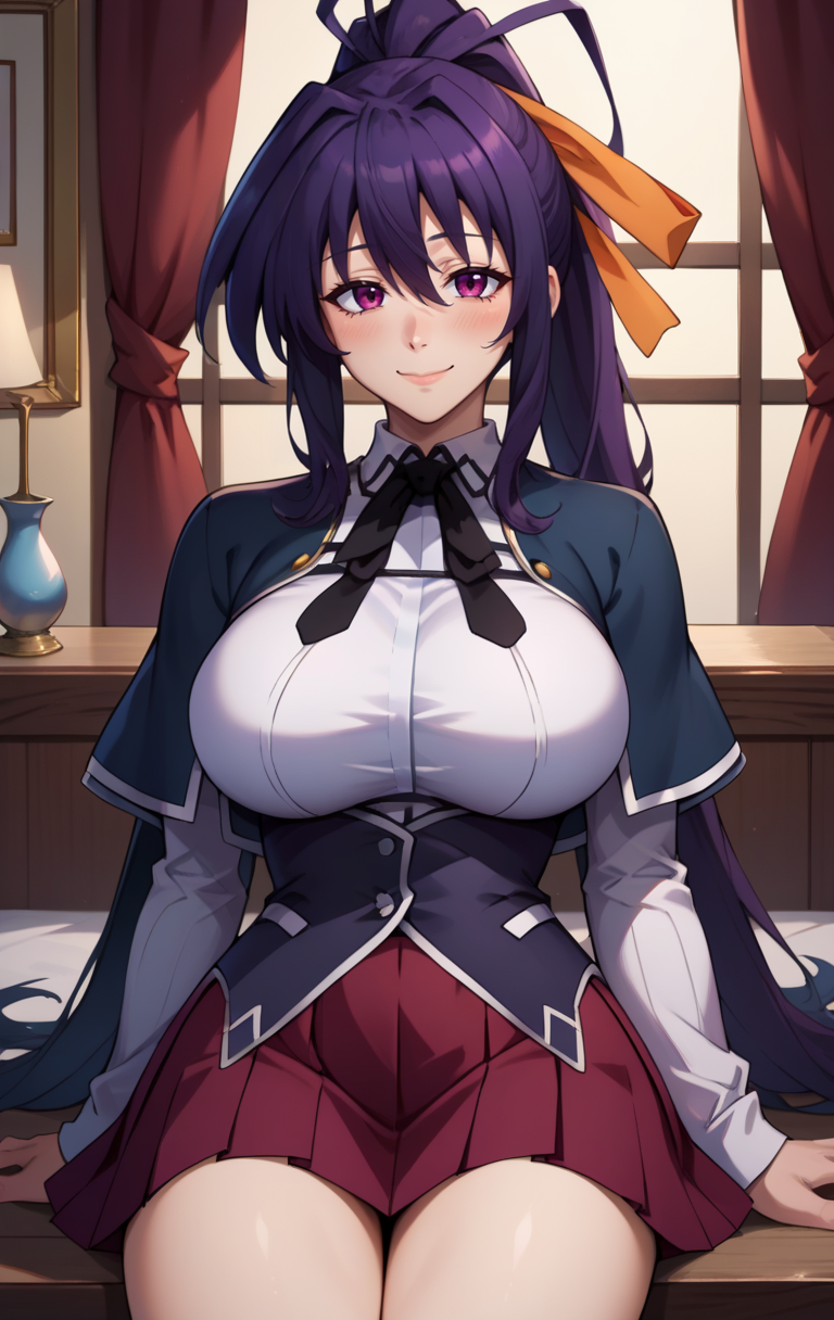 score_9, score_8_up, score_7_up, score_9, BREAK <lora:akenohimejimadxd:1> akenohimejimaSDXL, 1girl, solo, long hair, breasts, looking at viewer, blush, smile, bangs, skirt, large breasts, room background, shirt, black hair, ribbon, hair between eyes, very long hair, closed mouth, school uniform, purple eyes, hair ribbon, white shirt, ponytail, cowboy shot, pleated skirt,capelet, red skirt,  yellow ribbon, black capelet, orange ribbon, himejima akeno, sitting,