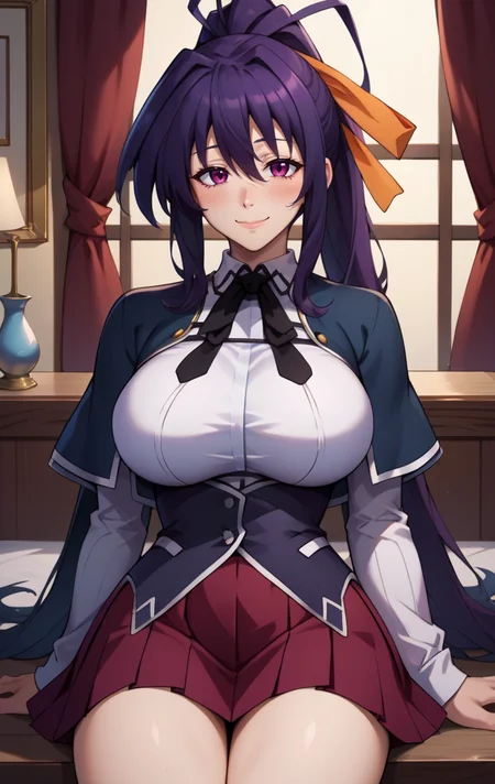 score_9, score_8_up, score_7_up, score_9, BREAK <lora:akenohimejimadxd:1> akenohimejimaSDXL, 1girl, solo, long hair, breasts, looking at viewer, blush, smile, bangs, skirt, large breasts, room background, shirt, black hair, ribbon, hair between eyes, very long hair, closed mouth, school uniform, purple eyes, hair ribbon, white shirt, ponytail, cowboy shot, pleated skirt,capelet, red skirt, yellow ribbon, black capelet, orange ribbon, himejima akeno, sitting,