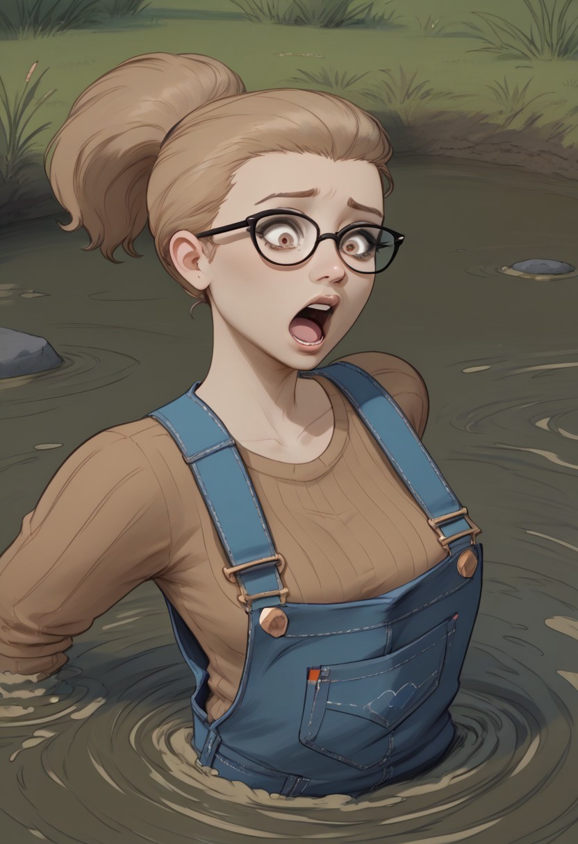 score_9, score_8_up, score_7_up, raytracing, csr style, realistic, attractive woman, 1girl, solo, waders, overalls, brown sweater, boonie hat, university student, light brown hair, hazel eyes, straining face, strained face, panicked face, short ponytail, sinking in peat bog, stuck in peat bog, sinking up to chest, chest deep, arms resting on quicksand, struggling, sinking in quicksand, quicksand, peat bog background, marsh background, swampy background, close up, glasses, fear, surprise, gasp, thrashing, flailing arms