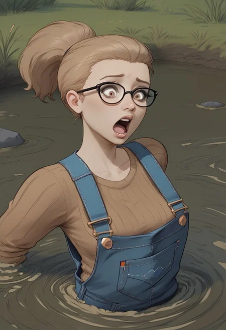 score_9, score_8_up, score_7_up, raytracing, csr style, realistic, attractive woman, 1girl, solo, waders, overalls, brown sweater, boonie hat, university student, light brown hair, hazel eyes, straining face, strained face, panicked face, short ponytail, sinking in peat bog, stuck in peat bog, sinking up to chest, chest deep, arms resting on quicksand, struggling, sinking in quicksand, quicksand, peat bog background, marsh background, swampy background, close up, glasses, fear, surprise, gasp, thrashing, flailing arms
