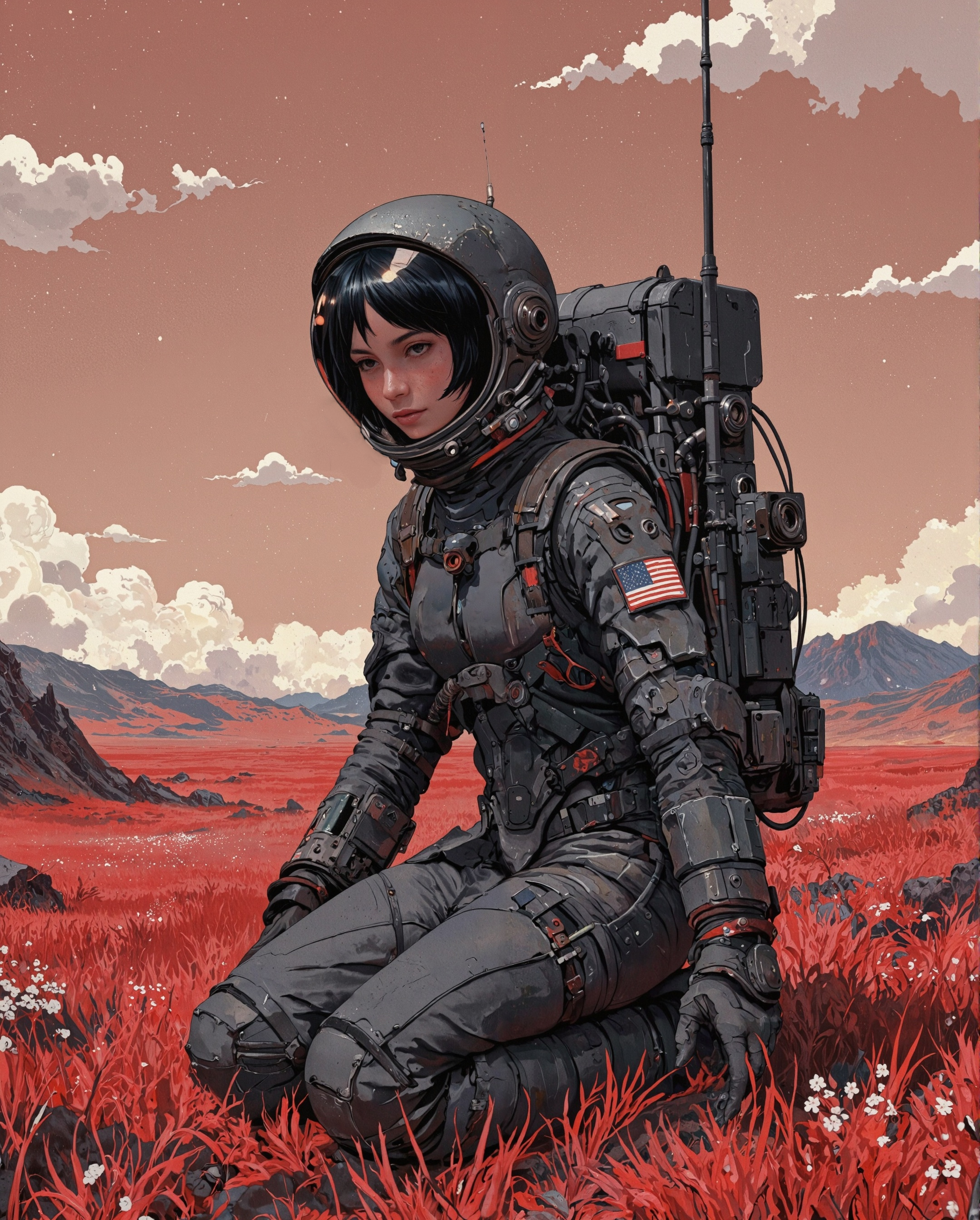 Create a serene and contemplative scene featuring a young female astronaut in an expansive red grass field under a orange Mars sky. The astronaut is kneeling on the ground, her posture calm and introspective. Her spacesuit is a sleek, futuristic design, predominantly matte dark gray with detailed mechanical components and a slightly worn, utilitarian aesthetic. The suit is form-fitting yet practical, with visible creases and folds, especially around the arms and knees, reflecting the natural movement of the fabric. A patch of the American flag is stitched onto her upper arm, subtly weathered, hinting at use.

The astronaut’s helmet is the focal point, a dome-shaped, clear visor that allows her delicate face to be seen. Her features are youthful, with short, slightly tousled black hair framing her face, giving a sense of vulnerability amidst the high-tech gear. The glass of the helmet reflects the sky and clouds subtly, adding a sense of realism. Her expression is serene and introspective, as if she’s lost in thought or connecting with the tranquil environment around her.

Strapped to her back is an intricate, bulky backpack loaded with mechanical details, tubes, and vents, likely a life-support system. The engineering is precise, with metallic elements catching the sunlight, giving the backpack a rugged, industrial look. a communication antenna stick out her back. 

The red grass field stretches out infinitely, with soft, dry blades swaying gently in the breeze. Small, delicate white flowers are scattered throughout the grass, adding subtle contrast and texture to the ground. The overall palette of the field is warm and earthy, perfectly complementing the cool tones of the astronaut’s suit and the sky.

The backdrop is a vast, open expanse with stars in the twilight sky, a range of low, distant mountains blending into the horizon. The mountains are subtle, painted in soft red-gray hues that harmonize with the clear, vibrant sky. Puffy white clouds dot the sky, their fluffy forms adding a sense of depth and scale. One cloud in particular aligns with the visor of the helmet, creating a visually striking moment of alignment as if the cloud is within her reach or reflection.

The lighting is natural and soft, casting gentle shadows on the astronaut and accentuating the textures of her suit and the grass around her. The starligh bathes the scene in cold red light, creating a sense of peace and solitude. Despite the technological elements of the astronaut, the environment feels grounded, natural, and untouched, blending the themes of human innovation and the vastness of nature.

This scene captures a harmonious balance between advanced technology and raw, natural beauty. The atmosphere is quiet, introspective, and slightly melancholic, evoking themes of exploration, solitude, and connection to the greater universe