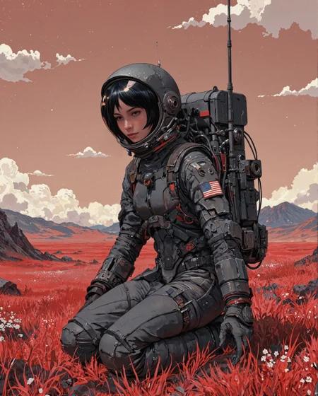 Create a serene and contemplative scene featuring a young female astronaut in an expansive red grass field under a orange Mars sky. The astronaut is kneeling on the ground, her posture calm and introspective. Her spacesuit is a sleek, futuristic design, predominantly matte dark gray with detailed mechanical components and a slightly worn, utilitarian aesthetic. The suit is form-fitting yet practical, with visible creases and folds, especially around the arms and knees, reflecting the natural movement of the fabric. A patch of the American flag is stitched onto her upper arm, subtly weathered, hinting at use.

The astronaut’s helmet is the focal point, a dome-shaped, clear visor that allows her delicate face to be seen. Her features are youthful, with short, slightly tousled black hair framing her face, giving a sense of vulnerability amidst the high-tech gear. The glass of the helmet reflects the sky and clouds subtly, adding a sense of realism. Her expression is serene and introspective, as if she’s lost in thought or connecting with the tranquil environment around her.

Strapped to her back is an intricate, bulky backpack loaded with mechanical details, tubes, and vents, likely a life-support system. The engineering is precise, with metallic elements catching the sunlight, giving the backpack a rugged, industrial look. a communication antenna stick out her back. 

The red grass field stretches out infinitely, with soft, dry blades swaying gently in the breeze. Small, delicate white flowers are scattered throughout the grass, adding subtle contrast and texture to the ground. The overall palette of the field is warm and earthy, perfectly complementing the cool tones of the astronaut’s suit and the sky.

The backdrop is a vast, open expanse with stars in the twilight sky, a range of low, distant mountains blending into the horizon. The mountains are subtle, painted in soft red-gray hues that harmonize with the clear, vibrant sky. Puffy white clouds dot the sky, their fluffy forms adding a sense of depth and scale. One cloud in particular aligns with the visor of the helmet, creating a visually striking moment of alignment as if the cloud is within her reach or reflection.

The lighting is natural and soft, casting gentle shadows on the astronaut and accentuating the textures of her suit and the grass around her. The starligh bathes the scene in cold red light, creating a sense of peace and solitude. Despite the technological elements of the astronaut, the environment feels grounded, natural, and untouched, blending the themes of human innovation and the vastness of nature.

This scene captures a harmonious balance between advanced technology and raw, natural beauty. The atmosphere is quiet, introspective, and slightly melancholic, evoking themes of exploration, solitude, and connection to the greater universe