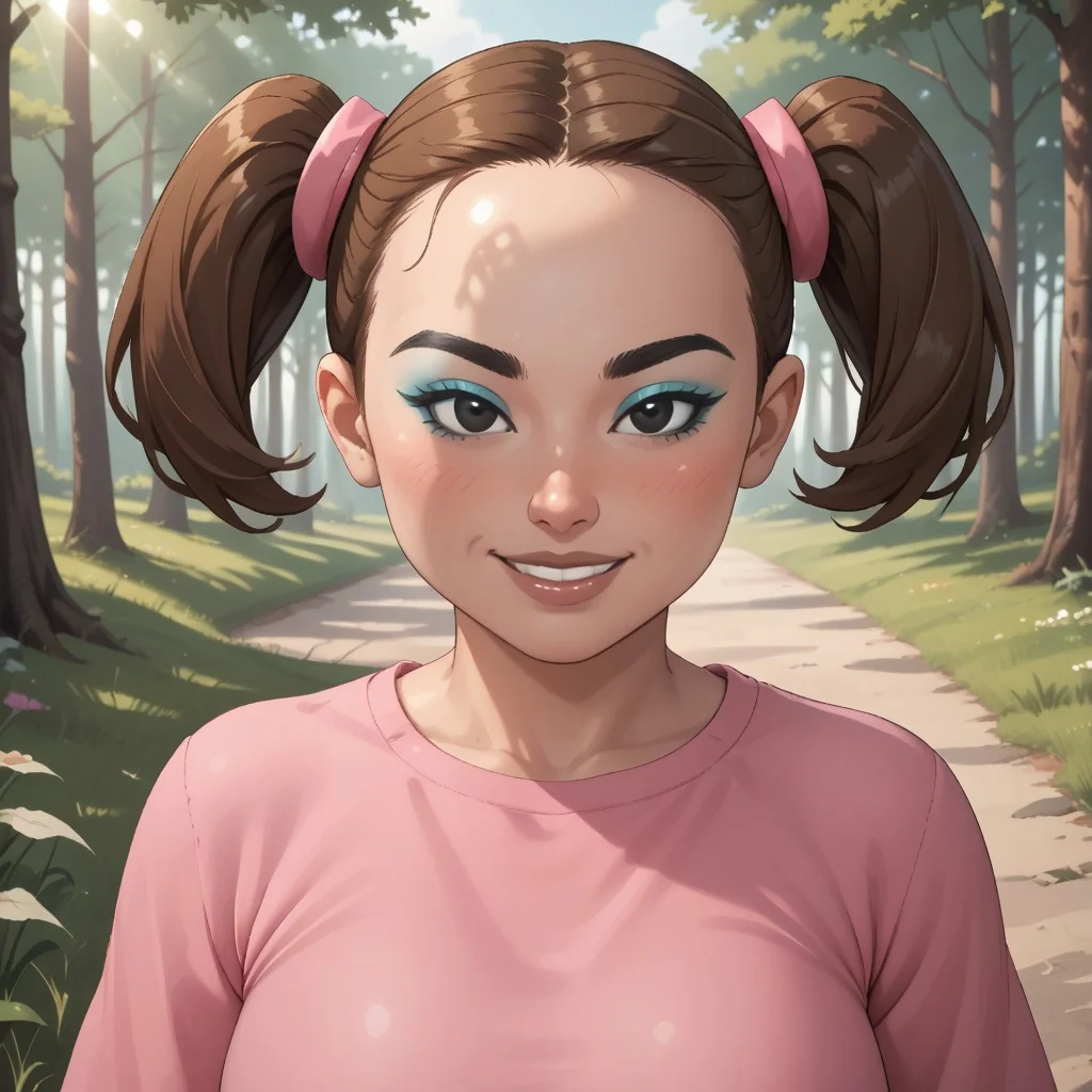 score_9, score_8, BREAK, solo, wii, mii, wii sports, 1girl, female mii, brown hair, twintails, black eyes, black eyebrows, blue eyeshadow, makeup, blush, brown lips, lipstick, teeth, pink clothing, white pants, barefoot, big breasts, nintendo mii, modern_mii, classic_mii, Yaami_(OC_Mii), plump, fat, chubby, sexy pose, self portrait, smile, outdoors, sunlight, shadows, evening lighting, natural lighting, forest, trees, grass, orange sky, sunset