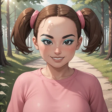 score_9, score_8, BREAK, solo, wii, mii, wii sports, 1girl, female mii, brown hair, twintails, black eyes, black eyebrows, blue eyeshadow, makeup, blush, brown lips, lipstick, teeth, pink clothing, white pants, barefoot, big breasts, nintendo mii, modern_mii, classic_mii, Yaami_(OC_Mii), plump, fat, chubby, sexy pose, self portrait, smile, outdoors, sunlight, shadows, evening lighting, natural lighting, forest, trees, grass, orange sky, sunset