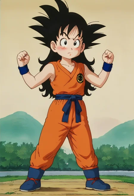 score_9, score_8_up, score_7_up , , source_anime, intricate details, masterpiece, high quality, prefect hands, best quality,, 1girl, solo , anime screencap,
,Martial Arts Tournament Stadium,Stadium,Tournament ,
, GGoku , black hair, black eyes, big eyeballs , spiked hair , long hair , eyelash , lips , cute , blush , small breast , chibi , <lora:GGoku-000003:0.7>,
, cute pose ,
orange dougi, blue sash, blue wristband, sleeveless , orange pants, orange topwear, <lora:Dragon_Ball_Background_Pony_XL:0.8>