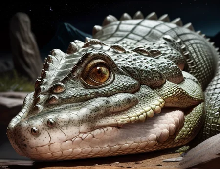 crocodile, closeup, detailed body, detailed scales, green eyes, realistic hd <lora:silavra:0.6> artstyle, (extremely detailed CG unity 8k wallpaper), full shot body photo of the most beautiful artwork, professional majestic oil painting, trending on ArtStation, trending on CGSociety, Intricate, High Detail, Sharp focus, dramatic, photorealistic painting art, night, wilderness, mountains