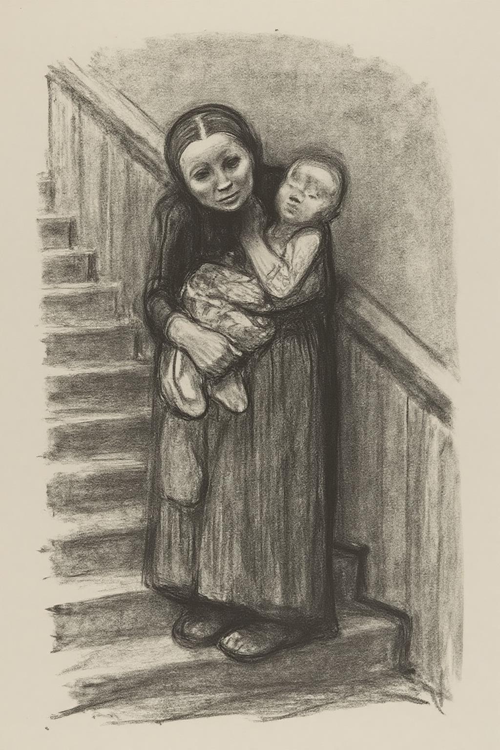 kako1 black and white charcoal drawing, rendered in a sketchy, impressionistic style with visible, textured lines and shading. It depicts a scene of a woman and a child standing on a staircase. The woman, dressed in a long, flowing dress, is holding a child who is nestled against her shoulder. The woman's face is not clearly visible, but her posture and the way she cradles the child suggest a tender, protective embrace. <lora:kako1_litho_nocap_d6a3:1.0><lora:814763525491848116:0>