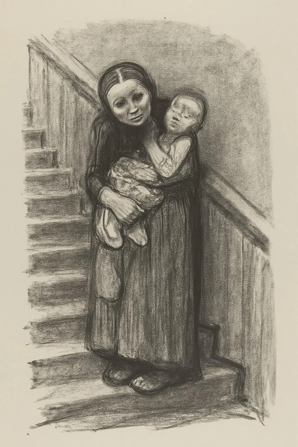 kako1 black and white charcoal drawing, rendered in a sketchy, impressionistic style with visible, textured lines and shading. It depicts a scene of a woman and a child standing on a staircase. The woman, dressed in a long, flowing dress, is holding a child who is nestled against her shoulder. The woman's face is not clearly visible, but her posture and the way she cradles the child suggest a tender, protective embrace. <lora:kako1_litho_nocap_d6a3:1.0><lora:814763525491848116:0>