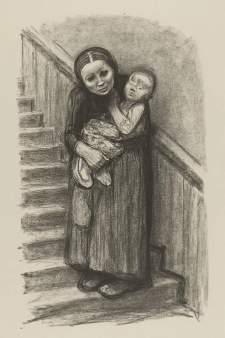 kako1 black and white charcoal drawing, rendered in a sketchy, impressionistic style with visible, textured lines and shading. It depicts a scene of a woman and a child standing on a staircase. The woman, dressed in a long, flowing dress, is holding a child who is nestled against her shoulder. The woman's face is not clearly visible, but her posture and the way she cradles the child suggest a tender, protective embrace. <lora:kako1_litho_nocap_d6a3:1.0><lora:814763525491848116:0>