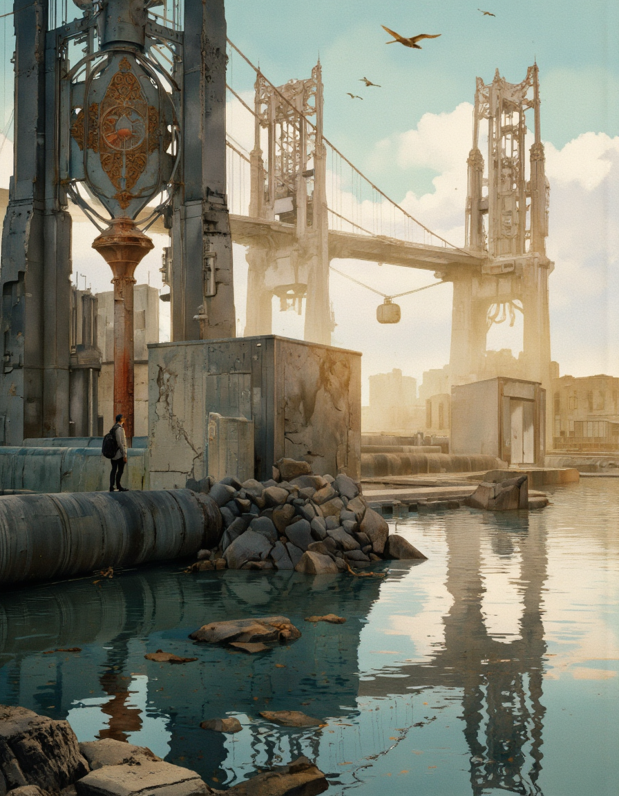 . A digital illustration shoot from a far camera angle about a futuristic cityscape with tall industrial structures and structures reflected in calm water. the scene is set in a post-apocalyptic environment, with a steampunk aesthetic. on the left side of the image, a lone man stands on a large, weathered pipe, looking out over the water. he is wearing a black hat and carrying a black backpack, and is facing away from the viewer, giving a sense of distance to the camera. in the background, there are several large, metallic structures with intricate designs and a cable car suspended above them, casting a warm, golden light over the scene. the sky is filled with a few birds flying, adding to the sense of movement and energy in the image. the overall atmosphere is one of awe and wonder, with the man's presence commanding attention.