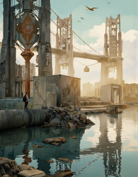 . A digital illustration shoot from a far camera angle about a futuristic cityscape with tall industrial structures and structures reflected in calm water. the scene is set in a post-apocalyptic environment, with a steampunk aesthetic. on the left side of the image, a lone man stands on a large, weathered pipe, looking out over the water. he is wearing a black hat and carrying a black backpack, and is facing away from the viewer, giving a sense of distance to the camera. in the background, there are several large, metallic structures with intricate designs and a cable car suspended above them, casting a warm, golden light over the scene. the sky is filled with a few birds flying, adding to the sense of movement and energy in the image. the overall atmosphere is one of awe and wonder, with the man's presence commanding attention.