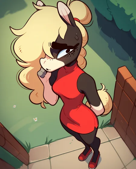 score_9, score_8_up, score_7_up, 1girl, Tang, furry, horse girl, long hair, freckles, blonde hair, dynamic angle, standing, red footwear, red dress, short dress, sleeveless dress, shy, looking at viewer, outdoors, <lora:Tang_PDXL:1>
