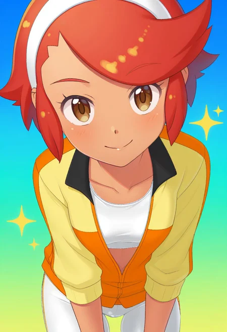 2d, masterpiece, best quality, amazing quality, 1girl, solo, close-up, standing, smile, upper body, leaning_forward, looking at viewer, multicolored background, sparkle, gradient background, colorful background, green background, blue background, clovers, pktina, brown eyes, short hair, red hair, bangs, dark-skinned female, white hairband, multicolored jacket, yellow jacket, orange jacket, partially opened jacket, three-quarter sleeves, black wristband, white sports bra, white shorts, bike shorts, rating safe