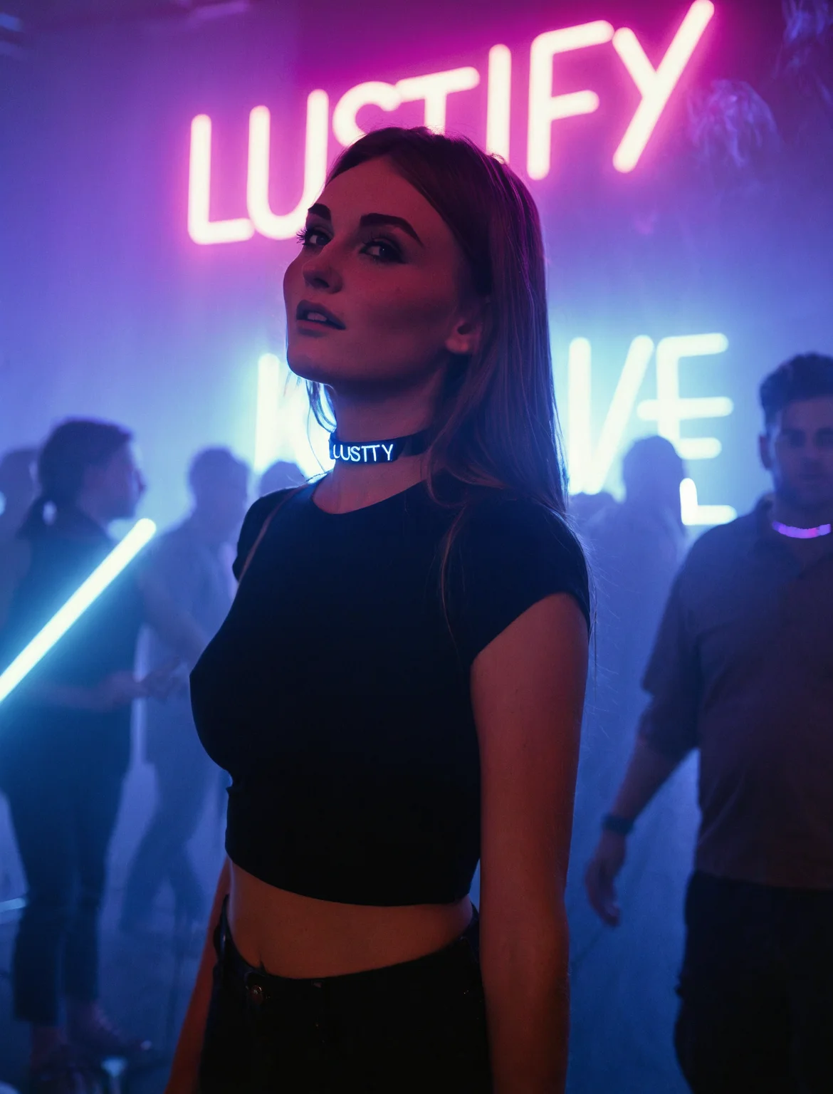 A candid, dynamic shot of a young woman in a neon-lit rave, immersed in the pulsating energy of the crowd. The word "LUSTIFY" is on a wall, glowing in neon. Vibrant lighting—strobes, deep purples, and electric blues—cut through the haze-filled atmosphere, casting dramatic highlights on her face and body. Her expression is intense, lost in the music, with glistening skin reflecting the neon glow. The light contours her features, making her the focal point amid the chaotic energy, with motion blur capturing the raw, immersive movement of the moment. Black crop top