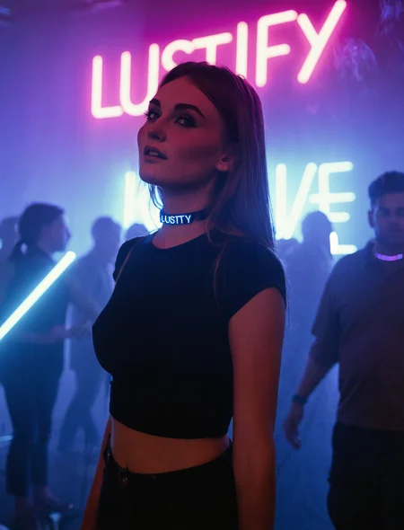A candid, dynamic shot of a young woman in a neon-lit rave, immersed in the pulsating energy of the crowd. The word "LUSTIFY" is on a wall, glowing in neon. Vibrant lighting—strobes, deep purples, and electric blues—cut through the haze-filled atmosphere, casting dramatic highlights on her face and body. Her expression is intense, lost in the music, with glistening skin reflecting the neon glow. The light contours her features, making her the focal point amid the chaotic energy, with motion blur capturing the raw, immersive movement of the moment. Black crop top