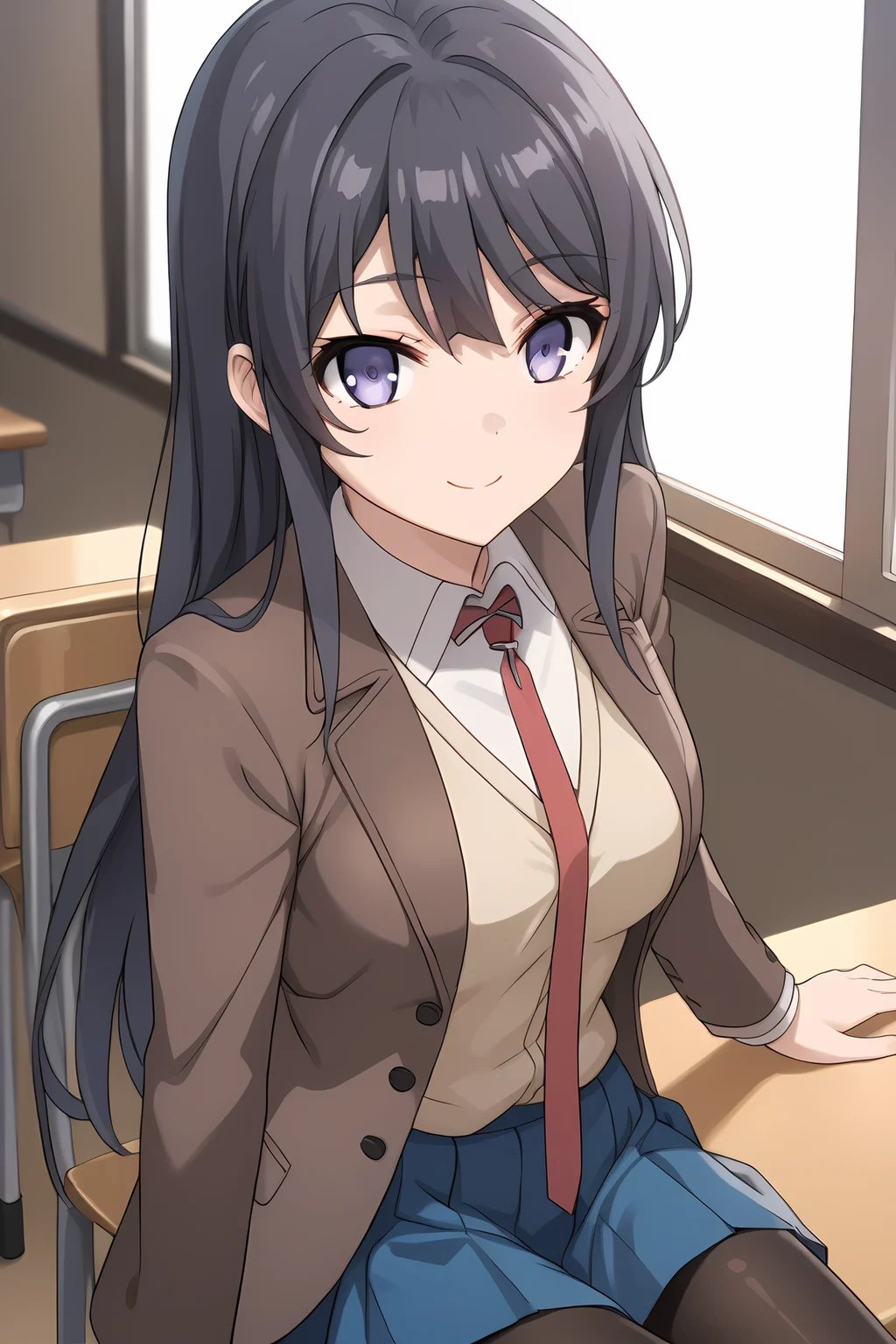 (school uniform brown blazer red necktie blue skirt black pantyhose:1.50), bgs-mai, blue eyes, purple eyes, black hair, lonh hair, bangs, medium breasts,
1girl, solo, skinny, (source_anime, score_9, score_8_up, score_8, score_7_up), score_7, score_6_up, score_6, score_5_up, score_5, 
(light smile:1.40),
(indoors:1.10),
(:1.60), (:1.20),
<lora:bgs-mai-V01-000003:0.70>