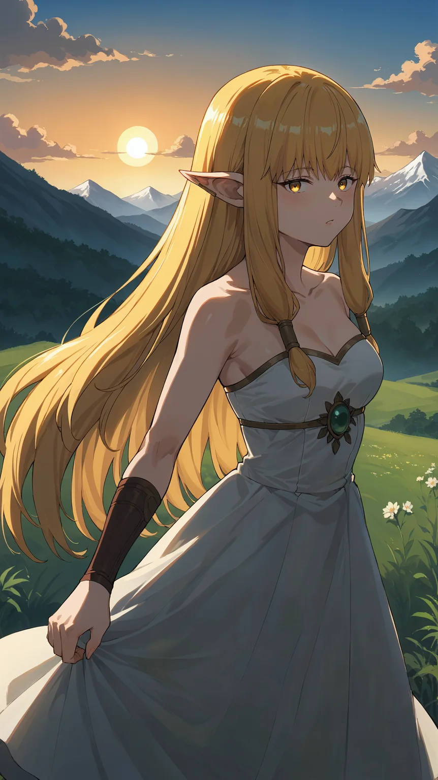 score_9,score_8_up,score_7_up,score_6_up, <lora:xl_more_art-full_v1:0.5>, source_anime, woman, dynamic pose, standing in an s-shape, <lora:Serie - Pony:0.9>, long hair, blonde hair, hair tubes, low-tied sidelocks, yellow eyes, pointy ears, elf ears, bangs, strapless dress, white dress, open field, mountainous horizon, sunset, dynamic clouds,