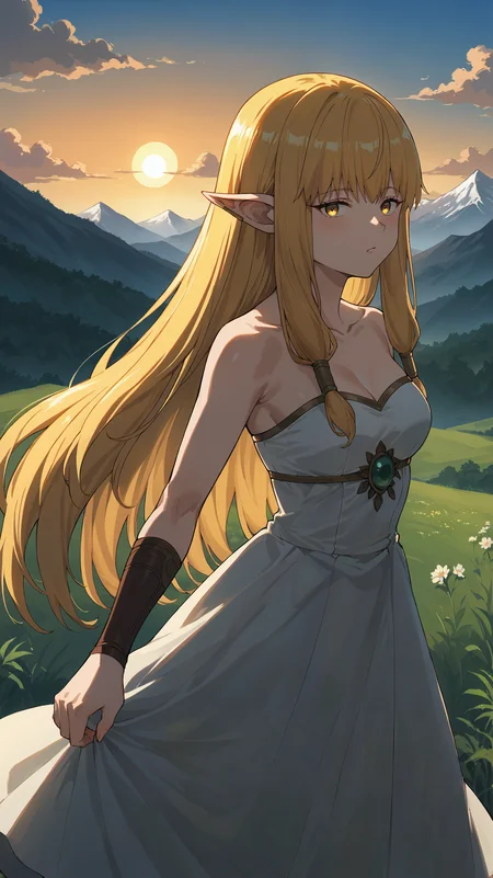 score_9,score_8_up,score_7_up,score_6_up, <lora:xl_more_art-full_v1:0.5>, source_anime, woman, dynamic pose, standing in an s-shape, <lora:Serie - Pony:0.9>, long hair, blonde hair, hair tubes, low-tied sidelocks, yellow eyes, pointy ears, elf ears, bangs, strapless dress, white dress, open field, mountainous horizon, sunset, dynamic clouds,