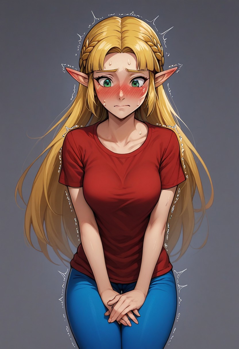 source_anime, ((rating:PG13)), colorful, source_hentai, anime style, score_9, score_8_up, score_8, (masterpiece), f1dg3tingXL, fidgeting, BREAK, 1girl, Princess Zelda, red t-shirt, blue leggings, breasts covered, red top, 1woman, blonde hair, green eyes, pointy ears, have_to_pee, trembling, motion_lines, sweat,, (full-face_blush:1.2), blushing, own_hands_together,