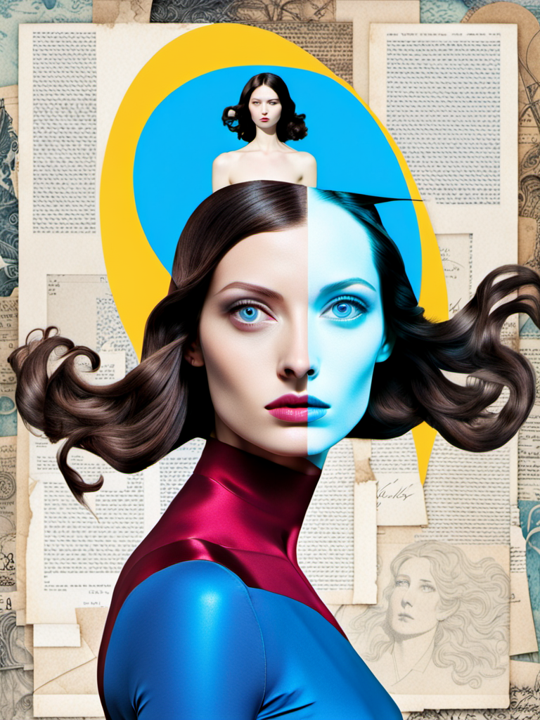 deconstructed photo, deda style, <lora:DeconDada-000008:1.0>, collage, mixed media, surreal, abstract, Superwoman, Average Height, Narrow Hips, Oval Face, Fair Skin, Dark Brown Hair, light blue Eyes, Wide Nose, Thin Lips, Receding Chin, Long Hair, Coarse Hair, Voluminous Waves,  dynamic posture, Light blue,Antique ruby,Cerulean blue,Mikado yellow,Alice blue, hd-details