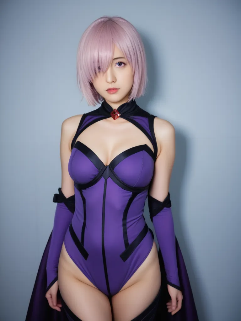 realistic, photoreal background,  
costume, outfit, clothing,
mash_kyrielight, fate \(series\), 1girl, purple_eyes, purple_hair,