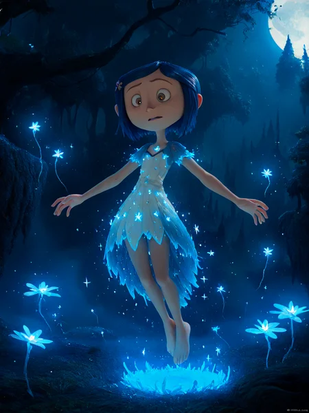 (masterpiece,best quality,newest,absurdres,highres), C0r4l1n3, 1girl, solo, short hair, blue hair, hair ornament, brown eyes, hairclip, freckles, fantasy dress, floating, magical forest, sparkles, glowing flowers, moonlight, ethereal, surreal, dreamlike, starlight, vibrant aura  <lora:Coraline_IllustriousXL:0.8>