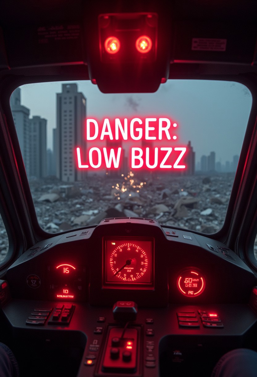 POV Gundam pilot cockpit, red warning lights flashing, the text "DANGER: LOW BUZZ" is projected on the front panel overlaying the view of city ruins from all of the fighting, the lower control panel shows a nearly depleted fuel indicator, steam hisses from the upper corner with sparks from sudden damage to the Gundam vehicle, this may be it!