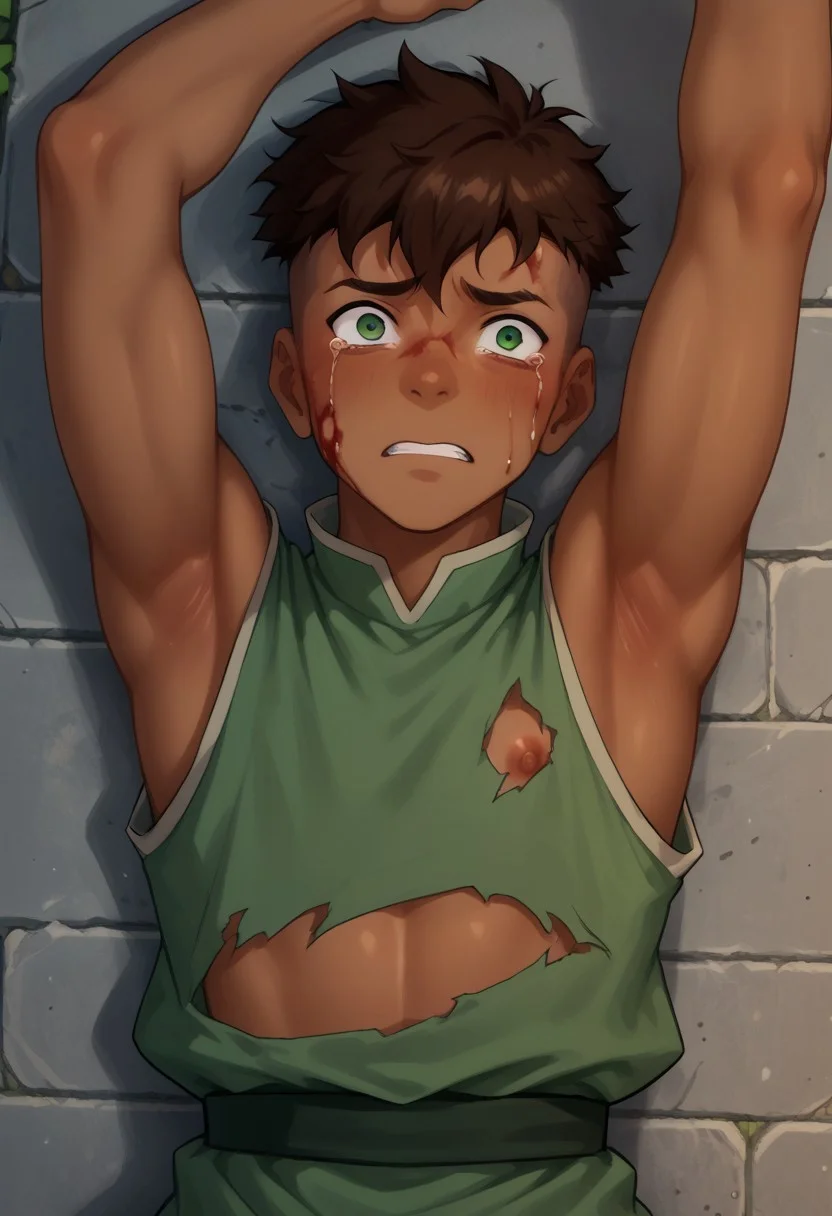 score_9, score_8_up, score_7_up, source_anime, male, crying, arm up, (arm above eyes:1.5), afraid, scared, laying on floor, laying on back on floor, battle damage, blood, open wounds, bloody body, black eye, bruised body , looking away from viewer, (Kai, green eyes, Brown Hair, Undercut, Brown Skin),(Prison Tunic, (torn clothes:1.5, skimpy clothes), nipples, sleeveless), detailed face, petite body, park background, trees, blue sky,