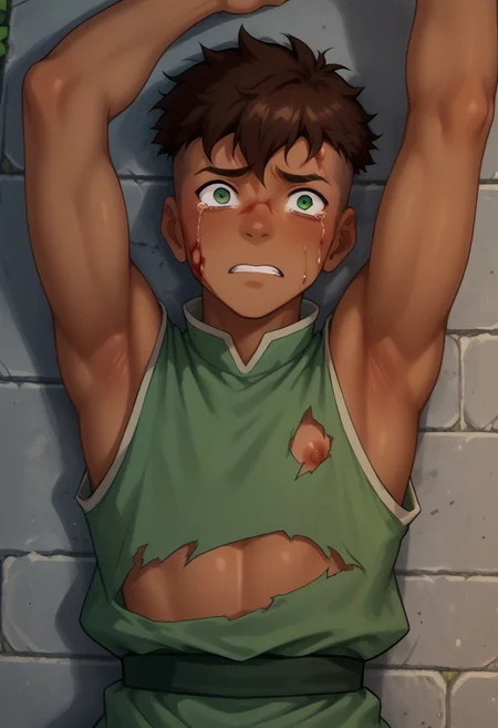 score_9, score_8_up, score_7_up, source_anime, male, crying, arm up, (arm above eyes:1.5), afraid, scared, laying on floor, laying on back on floor, battle damage, blood, open wounds, bloody body, black eye, bruised body , looking away from viewer, (Kai, green eyes, Brown Hair, Undercut, Brown Skin),(Prison Tunic, (torn clothes:1.5, skimpy clothes), nipples, sleeveless), detailed face, petite body, park background, trees, blue sky,