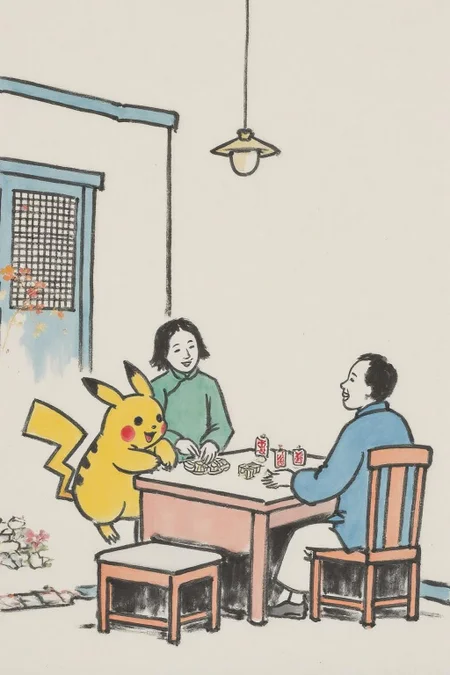 fzk1 minimalist ink painting. Pikachu plays mahjong with family in a cozy living room in a festive decoration in Chinese new year. Laughter fills the room, showing intergenerational bonding. The scene is bright and lively, emphasizing fun and connection <lora:fzk2_nocap_d6a3:1.0><lora:815027730405126858:0>