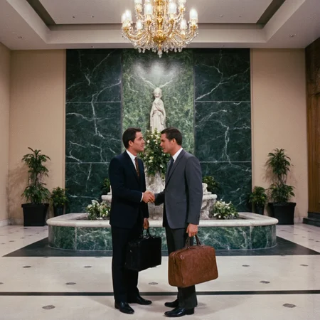 <lora:Vintage_Movie:1> <lora:detailer_flux_v1:1> detailerlora
80s photo of a 80s office lobby, men shaking hands in the lobbyâs wearing suit, holding briefcases, indoor water feature, green marble wall. Tall ceiling,