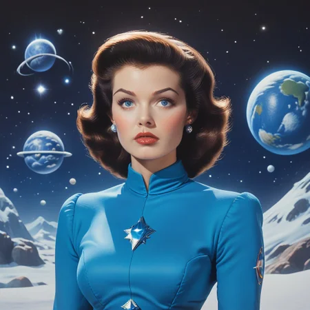 Score_9, score_8_up, score_7_up, BREAK
ArsMovieStill, Movie Still From Colored 1950s Super Panavision 70 Movie, The image shows a woman in a blue dress standing in front of a backdrop of planets and stars with a pole to her left., 1girl, solo, earrings, blue eyes, jewelry, brown hair, planet, upper body, snow, black hair