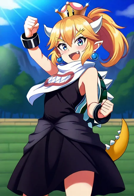 Masterpiece, High quality, anime style, solo, 1girl, single, Oc, adult, tall, perfect face, perfect eyes, perfect body, perfect arms, perfect hands, perfect hair, bowsettejr, scarf, smiling, open mouth, dynamic pose, hortstack, masterpiece, high quality, Black Dress, sleeveless, teeth, fang, tail, spike shell, black metal braclets(ultra-detailed)), ((best quality)), ((beautiful eyes)), ((extremely detailed)), 4K, (8K), best quality, (beautiful), Master piece, highres, best quality, official art, highres, masterpiece, 
Standing, one arm up high, hands bolded up fist, below bottom view, looking at viewer, fully body view