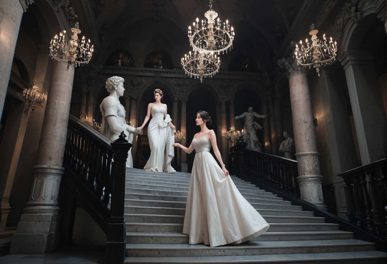 ,ruanyi0762,chandelier,statue,indoors,pillar,stairs,1girl,solo,evening gown,full body,<lora:0762 opera house_v1_pony:1>, score_9,score_8_up,score_7_up,,8k,1girl,solo,